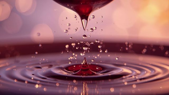 Red liquid drop with dynamic ripples and warm bokeh