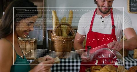 Barista pouring coffee from carafe, customer holding card at bakery with digital overlay