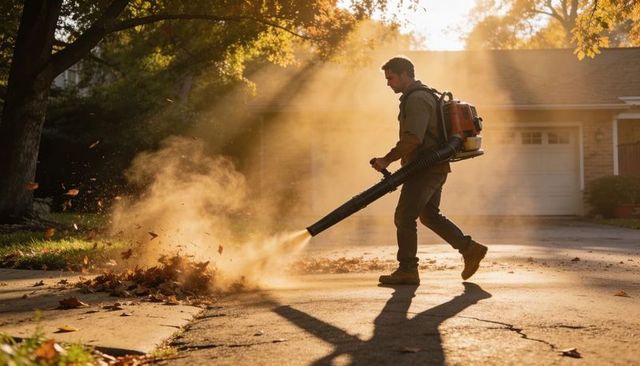 Man using backpack leaf blower clearing autumn leaves on residential driveway at sunrise