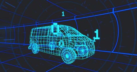 Futuristic wireframe van in digital cybergraphic tunnel