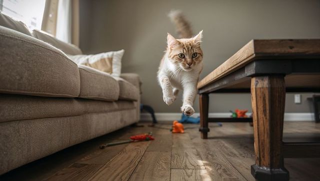 Leaping orange-and-white cat jumping toward camera over hardwood floor in bright living room