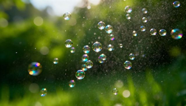 Backlit iridescent soap bubbles floating through lush green garden bokeh