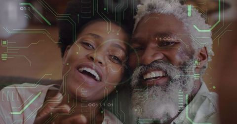 Happy Elderly Father and Daughter with Digital Interface Overlay