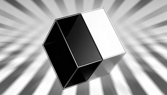 Floating monochrome geometric cube with metallic edges, radial motion blur, 3d render