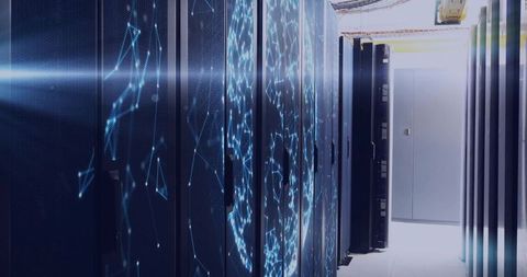 Digital network patterns projected on server cabinets in data center