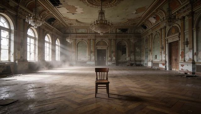 Sunlight revealing single wooden chair in abandoned grand ballroom with worn parquet