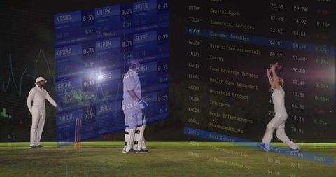 Night cricket bowler releasing ball as helmeted batsman defending with stock market overlay