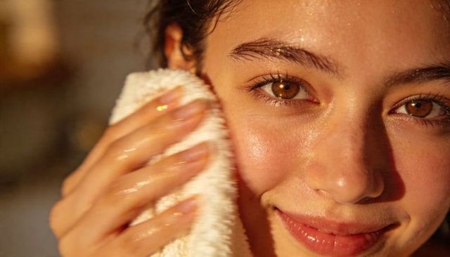 Teen girl holding towel to cheek with dewy glowing skin and glossy nails close-up portrait