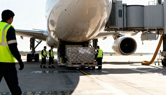 Ground crew loading wide-body aircraft with netted cargo pallet at airport gate