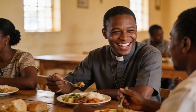 Smiling priest sharing communal meal with congregation members around rustic wooden table