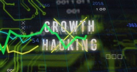 Neon Growth Hacking Dashboard with Glitchy Data Charts and Circuit Grid