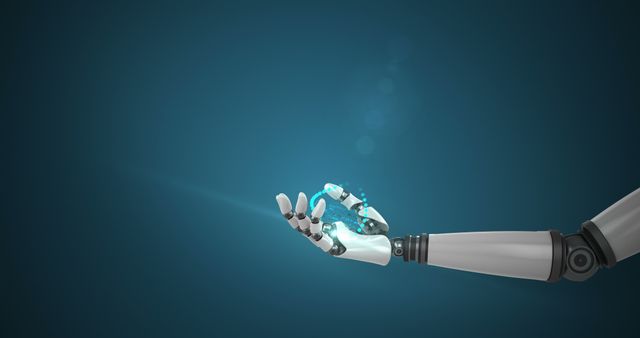 A highly advanced robotic arm holding glowing digital energy against a blue backdrop serves as a symbol of future technology and artificial intelligence. Ideal for use in articles, advertisements, or educational materials focused on robotics, engineering, or innovative technology advancements.
