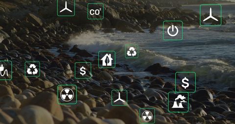Eco Symbols Overlay on Rocky Coastal Shoreline for Environmental Themes