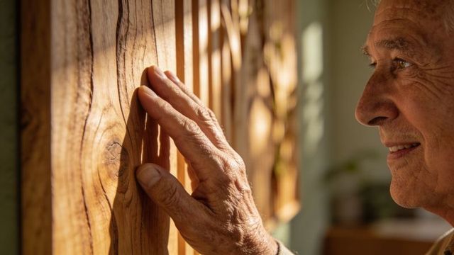 Senior man tracing carved wood panel with sunlit hands, warm grain and shadow details