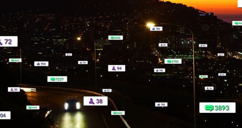 Social media engagement over emerging cityscape at night