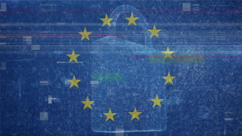 Cybersecurity Padlock Overlaid by European Union Flag