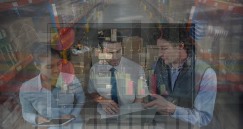 Diverse Business Team Analyzing Financial Data in Warehouse Background