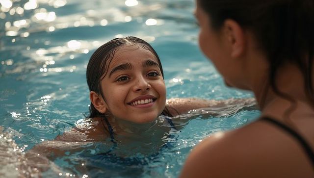 Smiling girl swimming toward parent in sunlit outdoor pool with water reflections