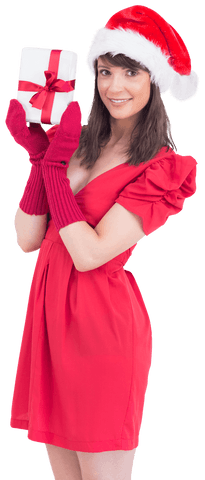 Cheerful Woman in Santa Hat Holding Gift on Transparent Background