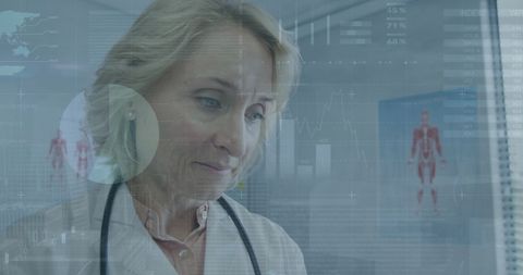 Doctor Analyzing Digital Data on Advanced Medical Interface