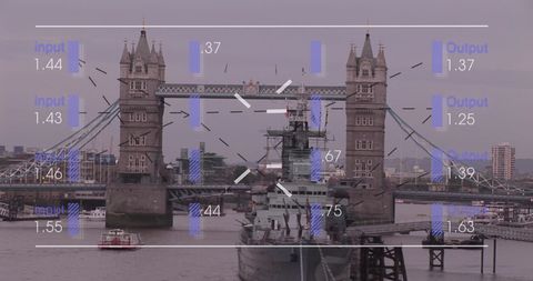 Digital Financial Interface Overlaying Iconic London Bridge Skyline