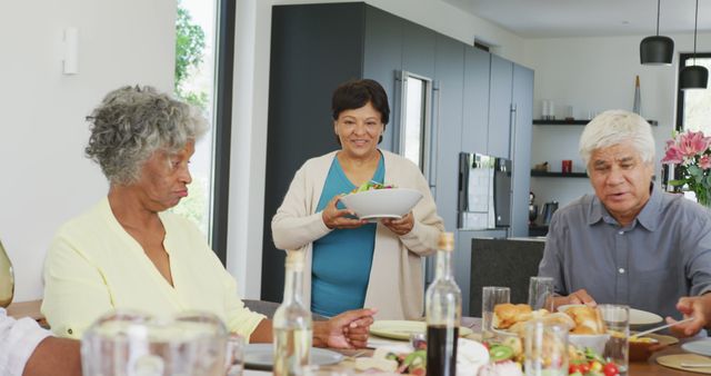 Happy senior diverse people having dinner at retirement home. healthy, active retirement and body inclusivity.