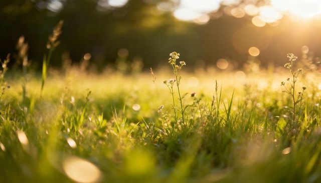 Golden-hour wildflower glowing in sunlit meadow with soft bokeh and warm backlight