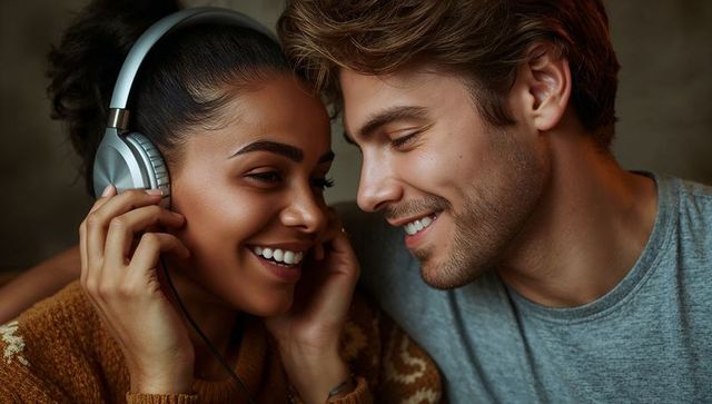 Couple sharing headphones and smiling intimately in cozy knit sweater and casual tee