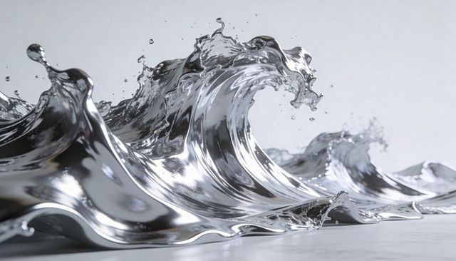 Flowing chrome liquid wave curling across reflective floor with splashing droplets