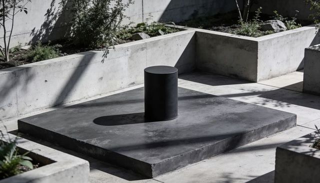 Minimalist black pedestal casting oval shadow on concrete slab with planters and greenery