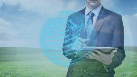 Businessman Analyzing Global Data on Digital Tablet Outdoors