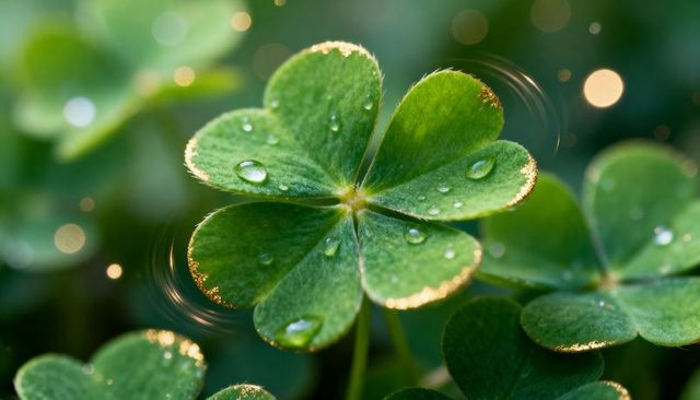 Four-Leaf Clover Glowing with Dew and Golden Edges Macro Closeup for Luck Nature Background