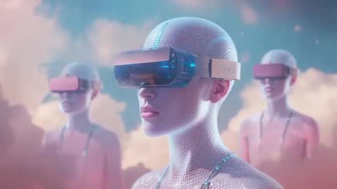 AI-Generated Humanoids in Futuristic Cloudscape with VR Headsets