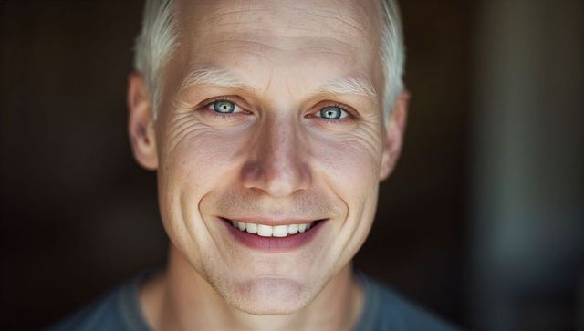 Smiling middle-aged man with blue eyes and white hair close-up headshot radiating warmth