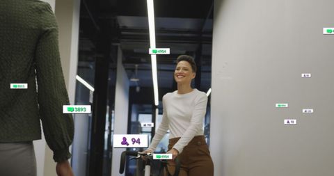 Diverse Professionals in Modern Office with Social Media Data Overlay