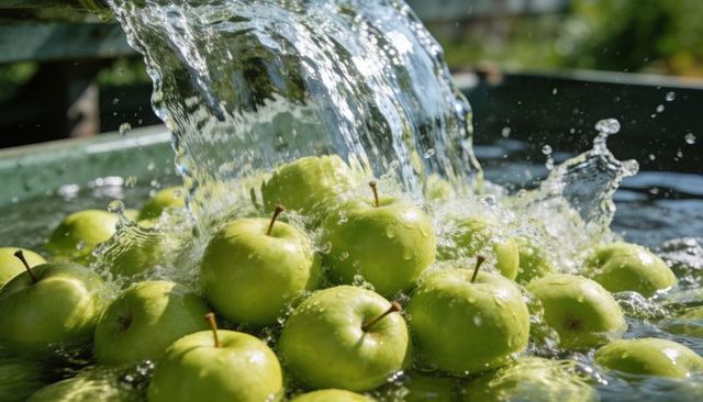 Green apples bathing under pouring water with sparkling splashes and sunlit reflections
