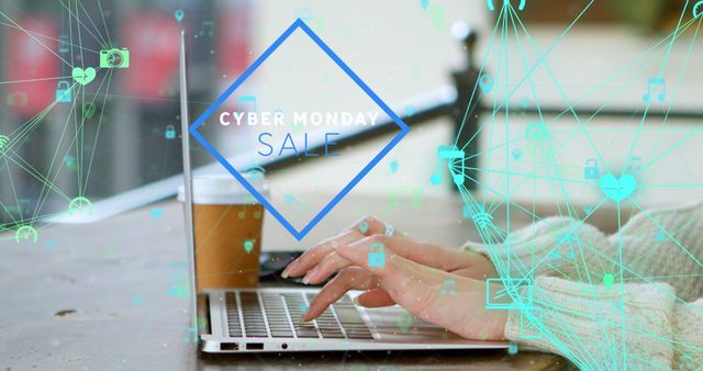 Image of cyber monday sale text, connected icons, midsection of caucasian woman using laptop. Digital composite, multiple exposure, communication, discount, beverage and technology concept.