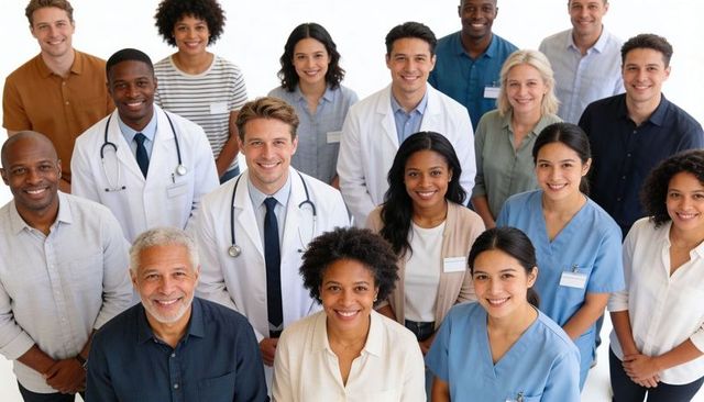 Smiling diverse medical team in lab coats and scrubs celebrating teamwork and care
