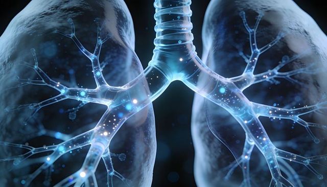 Translucent lungs revealing glowing airways and bronchial network in 3d volumetric render