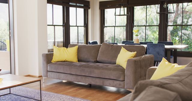 Spacious living room featuring a cozy gray sofa adorned with yellow cushions. Natural light flooding through large windows enhances the inviting and comfortable atmosphere. Ideal for showcasing modern interior design, stylish home decor, and open-plan living concepts. Suitable for articles or advertisements related to home improvement, decor tips, or real estate listings.