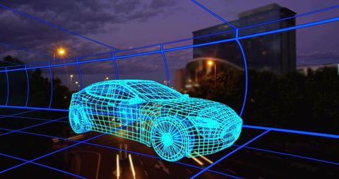 Hovering neon wireframe car in futuristic blue grid tunnel over urban night road