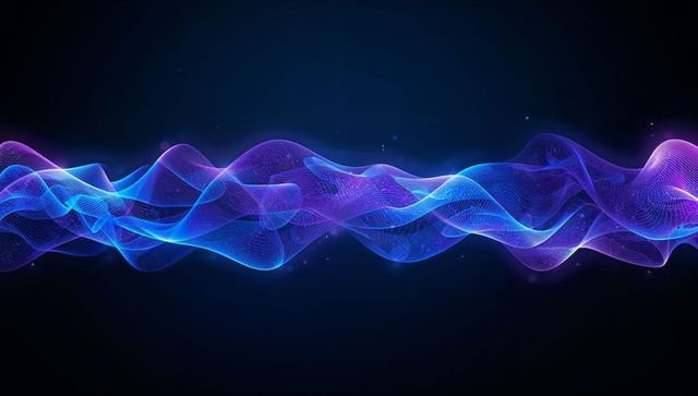 Flowing neon waveform ribbon stretching across dark canvas with mesh grid texture