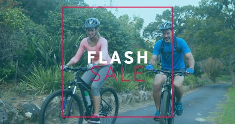 Flash Sale Promo with Caucasian Couple Cycling Outdoors
