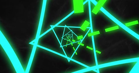Abstract Neon Green and Blue Spiraling Triangles on Black Background