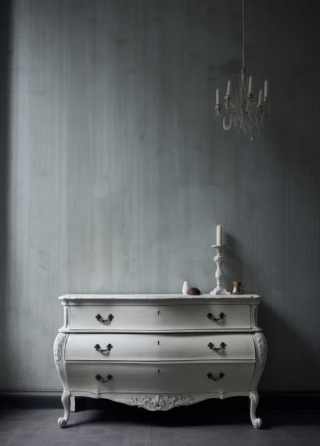 Elegant vintage chest of drawers sitting against a minimalist pastel wall. A delicate chandelier hangs from the ceiling while several candles enhance the antique ambiance. This image is perfect for promoting interior design tips, antique furniture exhibits, or minimalist home decor blogs.