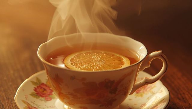Steaming Teacup with Lemon Slice on Wooden Table Illuminated by Warm Light