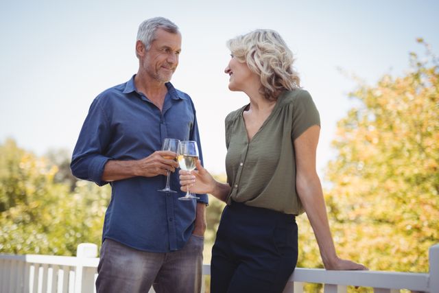 Mature couple enjoying a moment together on a sunny balcony, toasting with wine glasses. Ideal for use in lifestyle, relationship, and leisure content. Perfect for illustrating themes of togetherness, happiness, and outdoor relaxation.