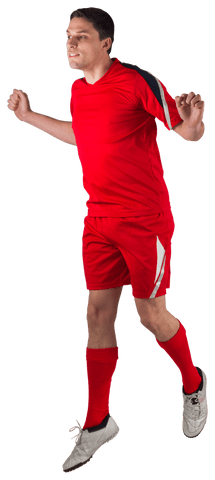 Transparent football player jumping in red uniform, celebrating