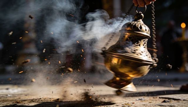 Brass censer swinging over dusty temple floor releasing smoke and embers