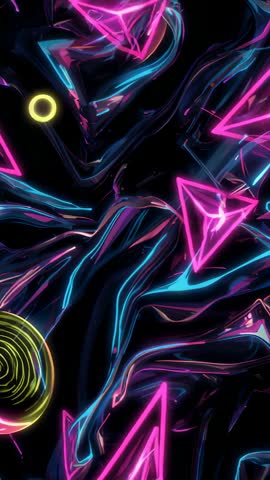 Opening Void Revealing Neon Blue Ribbons, Rotating Prism Triangles and Orbiting Spheres